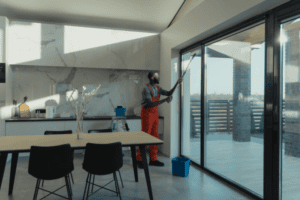 Man using professional equipment to clean large kitchen windows.
